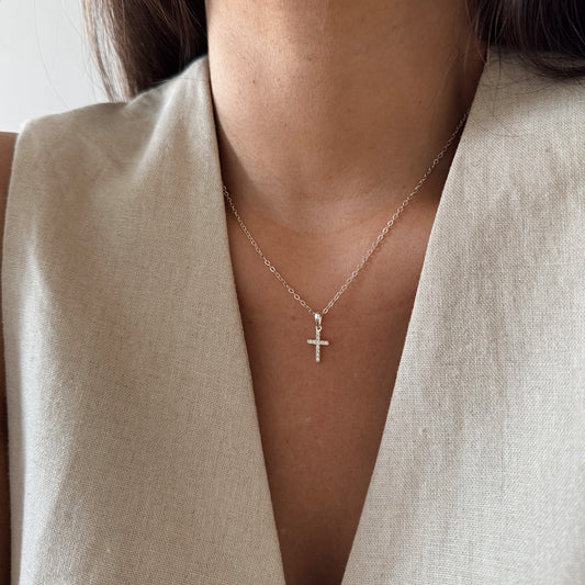 COLLAR CRUZ CIRCÓN 40CM PLATA