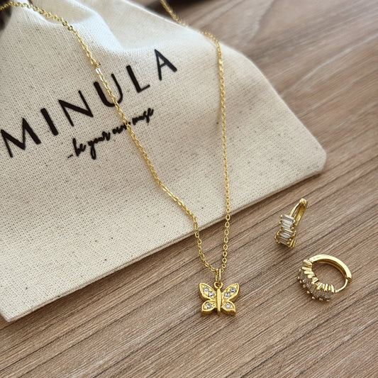 SET COLLAR MARIPOSA + ARGOLLAS CIRCÓN BLANCO