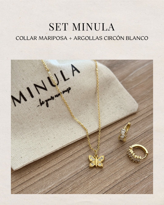 SET COLLAR MARIPOSA + ARGOLLAS CIRCÓN BLANCO