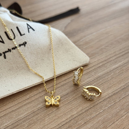 SET COLLAR MARIPOSA + ARGOLLAS CIRCÓN BLANCO