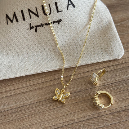 SET COLLAR MARIPOSA + ARGOLLAS CIRCÓN BLANCO